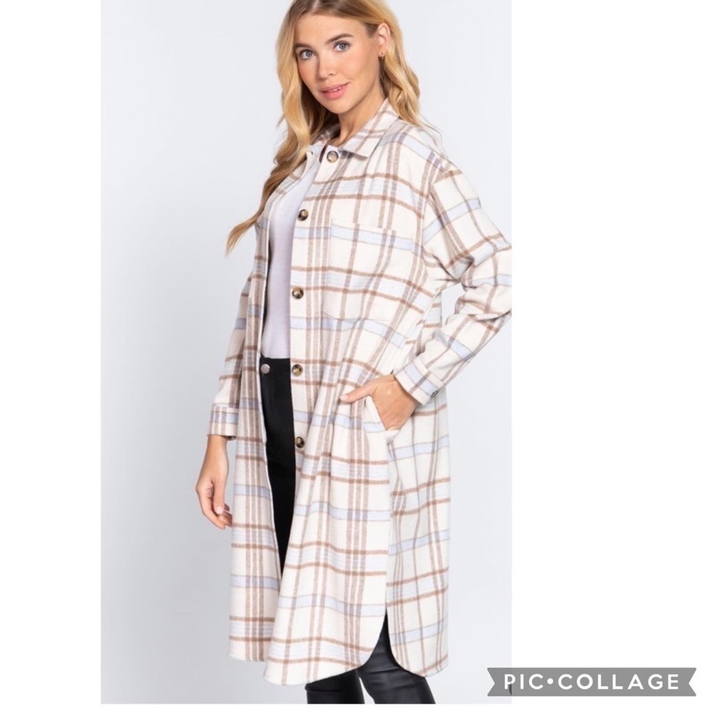 SALE!! Ivory, Baby Blue, & Tan Plaid Coat - Picture 2 of 7